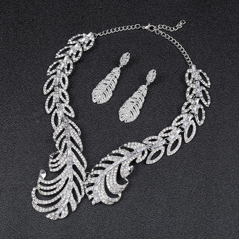 Set di collane da donna in lega a forma di piuma, stile vintage, con intarsi di strass