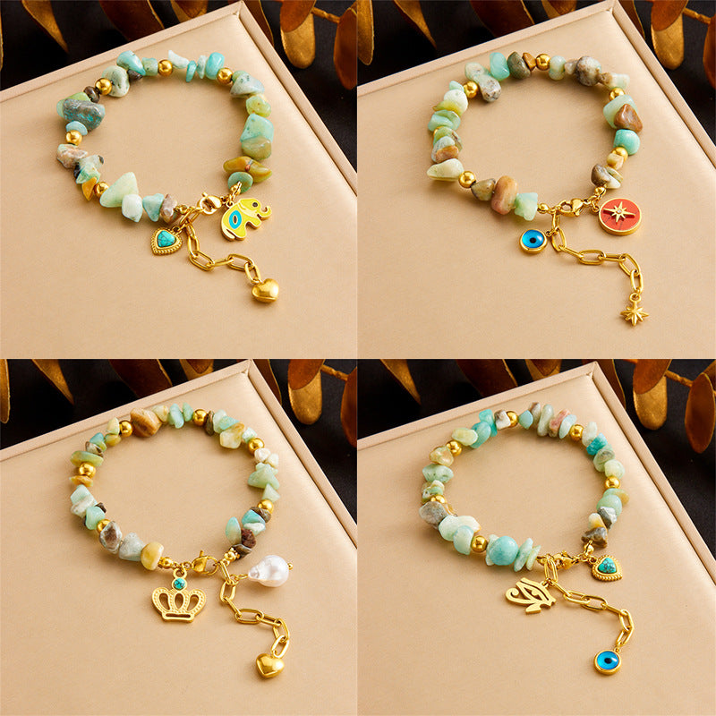 Colorful Natural Stone Turquoise Resin Drip Oil Crown Heart Elephant Star Stainless Steel Bracelet for Women
