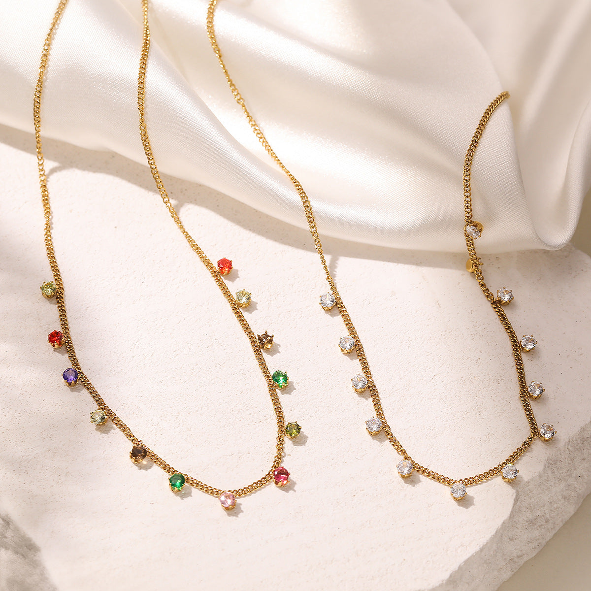 Minimalist 18K Gold Plated Geometric Stainless Steel Necklace with Cubic Zirconia for Women