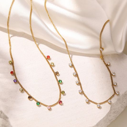 Minimalist 18K Gold Plated Geometric Stainless Steel Necklace with Cubic Zirconia for Women