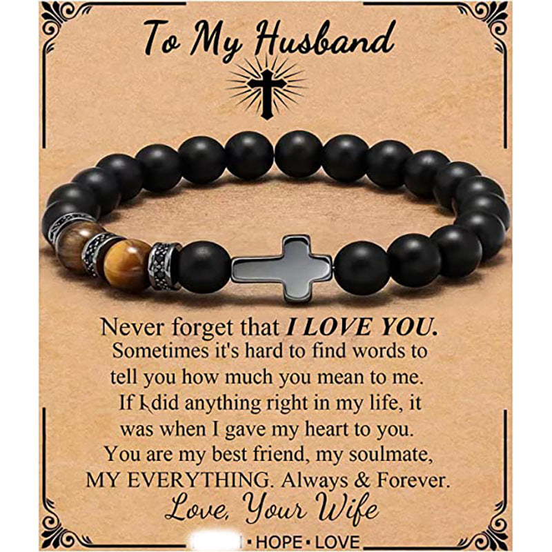 Minimalist Matte Black Beaded Bracelet with Small Cross Pendant Unisex Gift