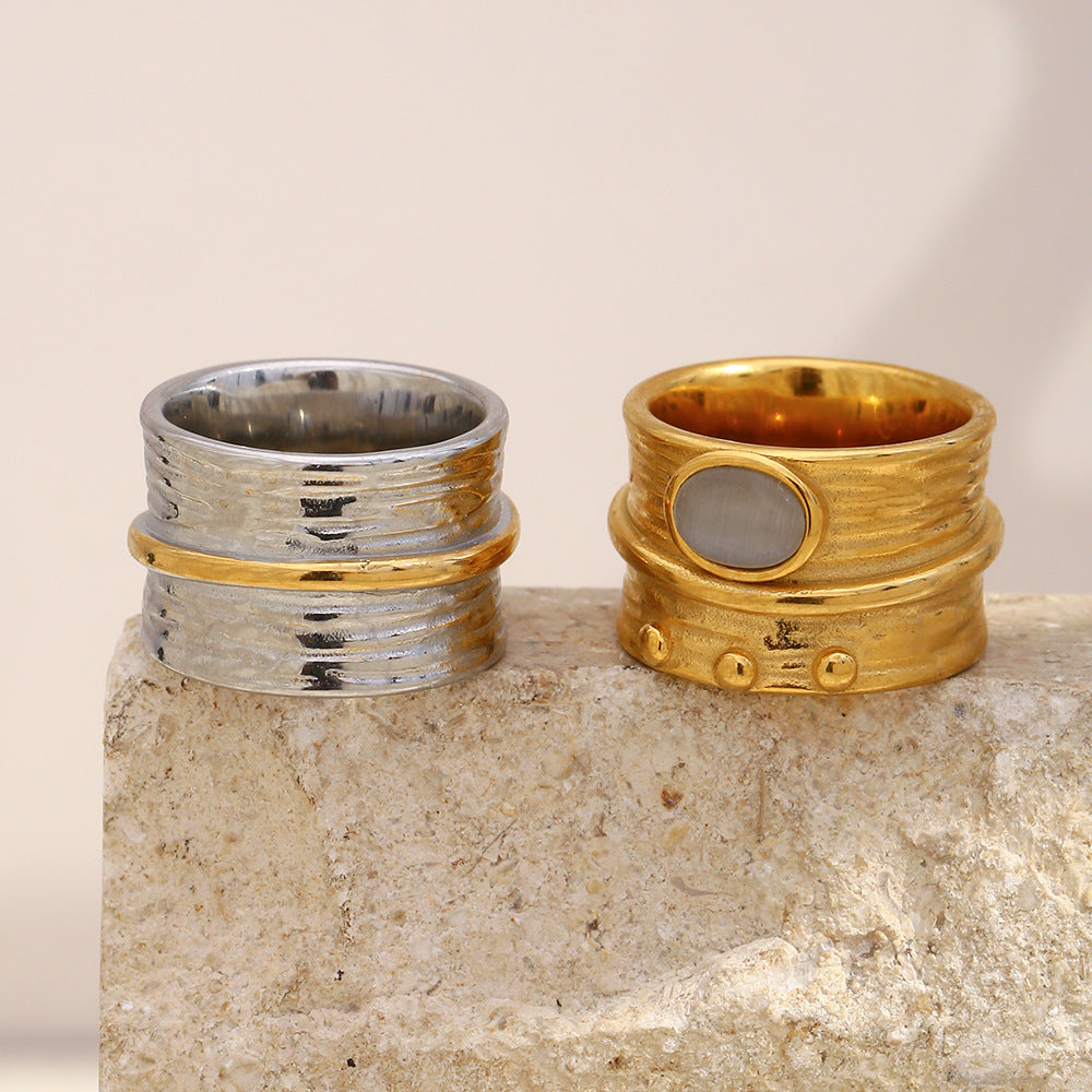 Anello Vintage Stile Old Money Geometrico in Acciaio Inossidabile Placcato Oro 18K con Accento in Pietra Occhio di Gatto da Donna