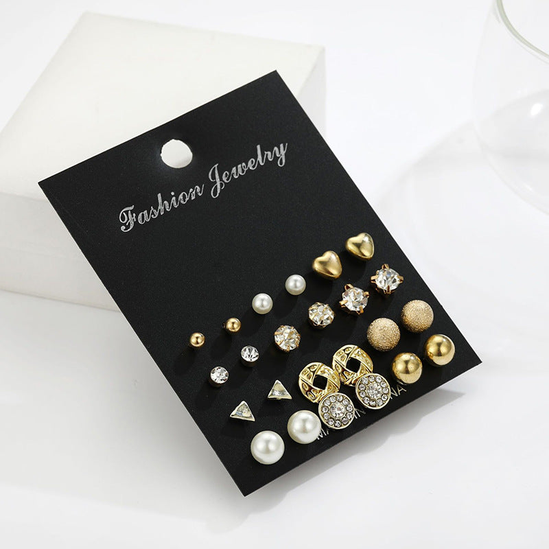 Gold Plated Stainless Steel Geometric Flower Leaf Star Butterfly Rhinestone Inlay Earrings Set with Floral Pattern