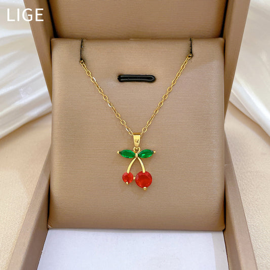 Collar con colgante de cereza de dibujos animados para mujer, de acero inoxidable con incrustaciones de diamantes de imitación y delicada cadena de clavícula