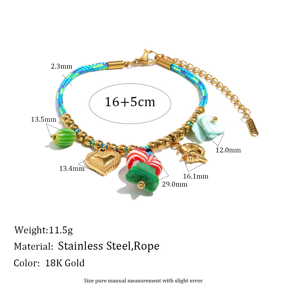 Collar de acero inoxidable geométrico chapado en oro de 18 quilates con dije de caramelo azul y cordón trenzado de colores para mujer