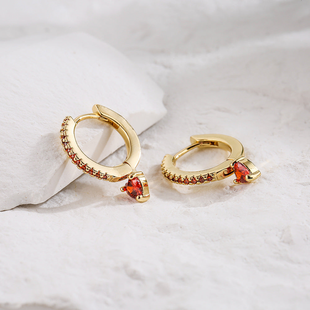 Geometric Heart-Shaped Copper Earrings with 18K Gold Plating and Zircon Inlay for Women