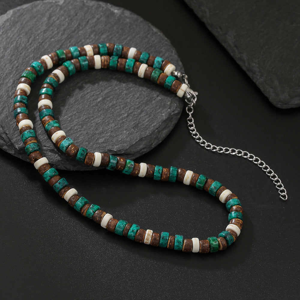 Bohemian Minimalist Geometric Round Coconut Shell Turquoise Stainless Steel Handmade Cable Chain Necklace for Unisex