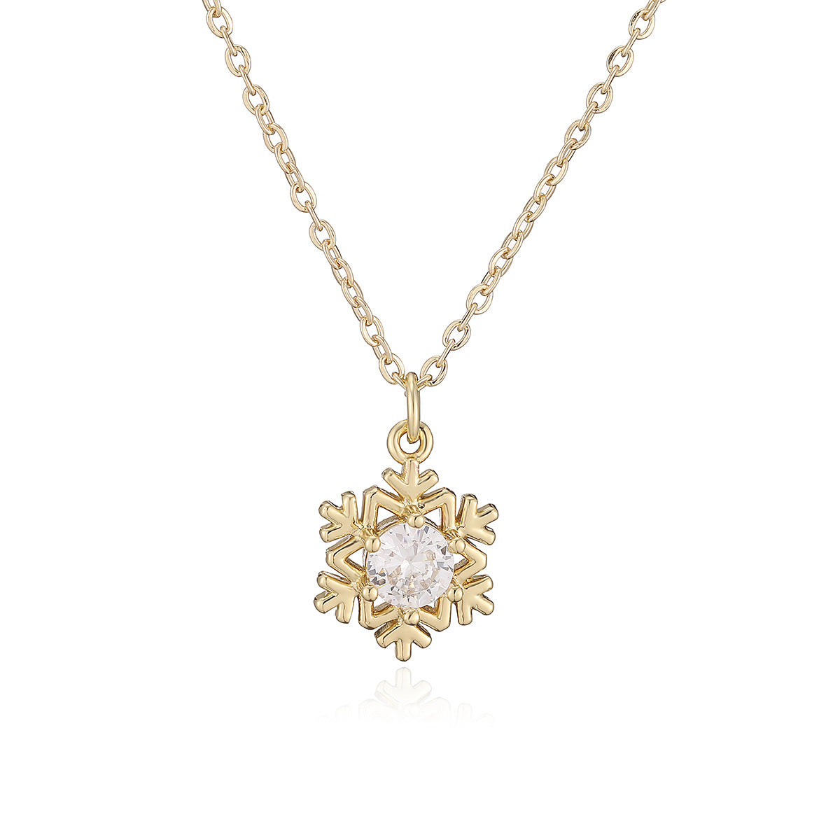 Sweet Minimalist 18K Gold Plated Brass Geometric Snowflake Cubic Zirconia Pendant Necklace for Women