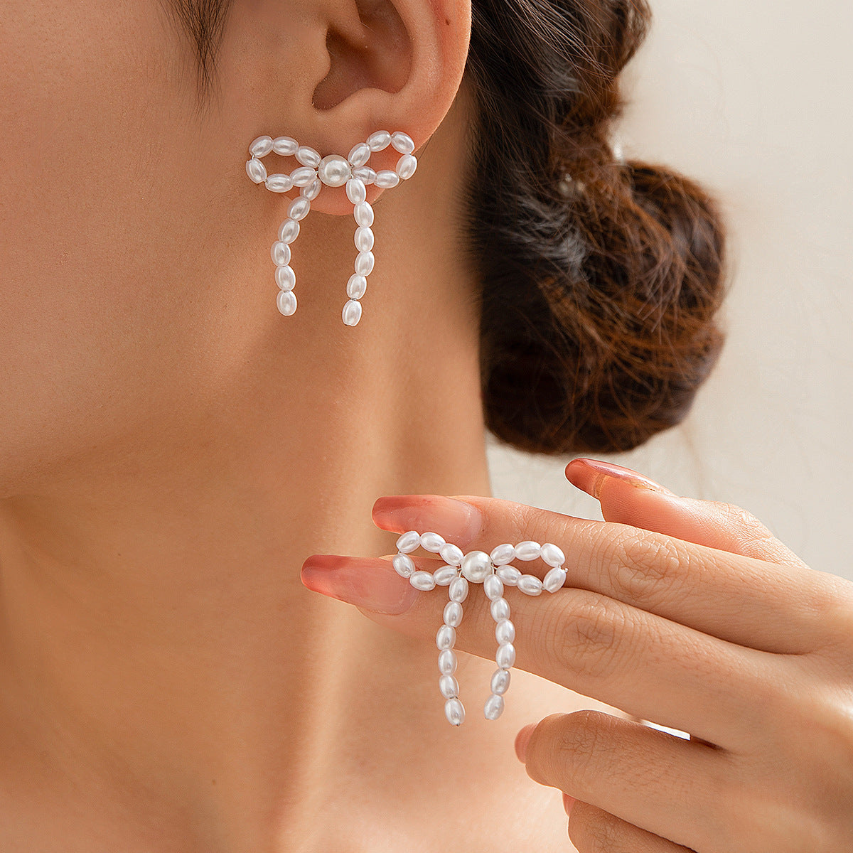 Minimalist Elegant Imitation Pearl Bow Stud Earrings Plated Steel Post for Women
