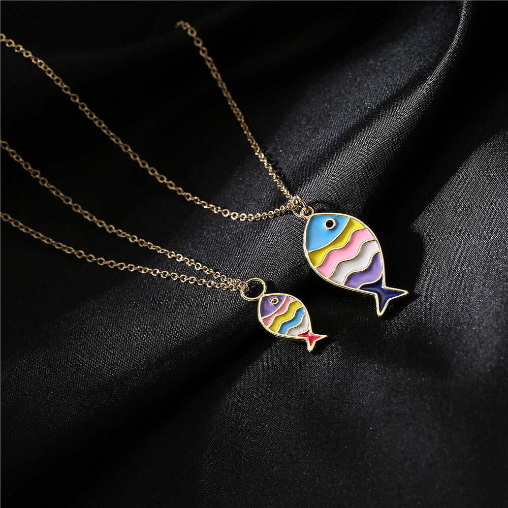 Geometric Fish Drip Oil Gold Plated Brass Necklace with Cubic Zirconia Pendant on Cable Chain