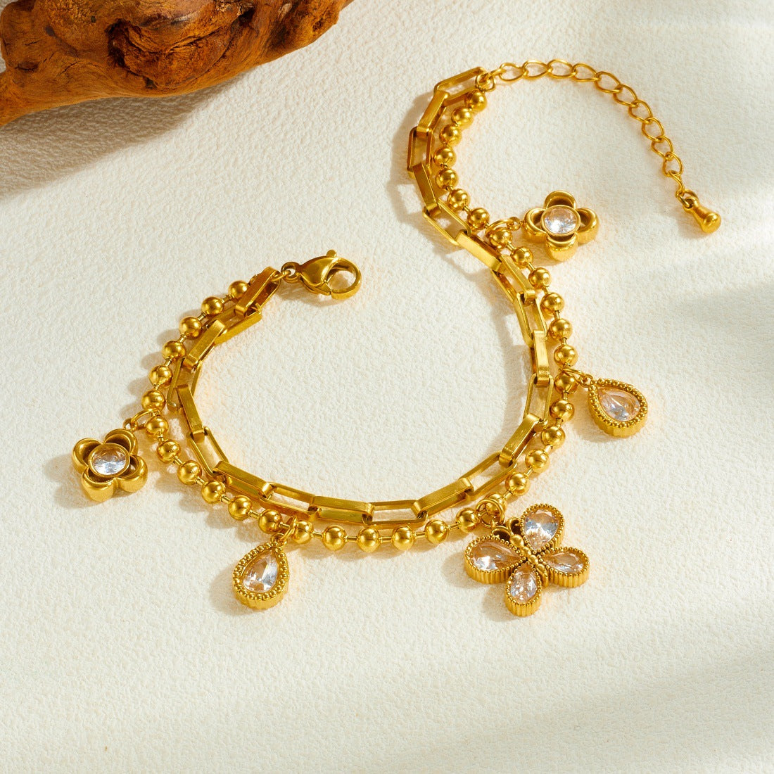 Minimalist Gold Plated Stainless Steel Teardrop Butterfly Rhinestone Pendant Double Layer Chain Bracelet for Women