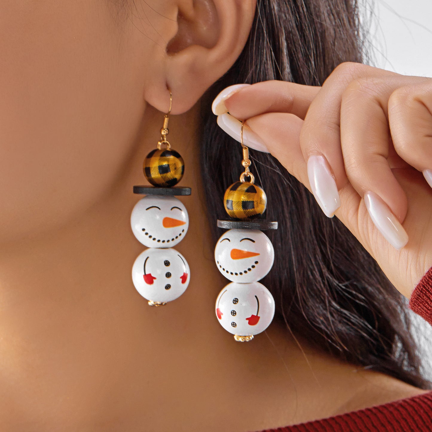 Orecchini a perno natalizi alla moda con pupazzo di neve e Babbo Natale per donna con design geometrico, base in ferro, finitura galvanica, perni in resina