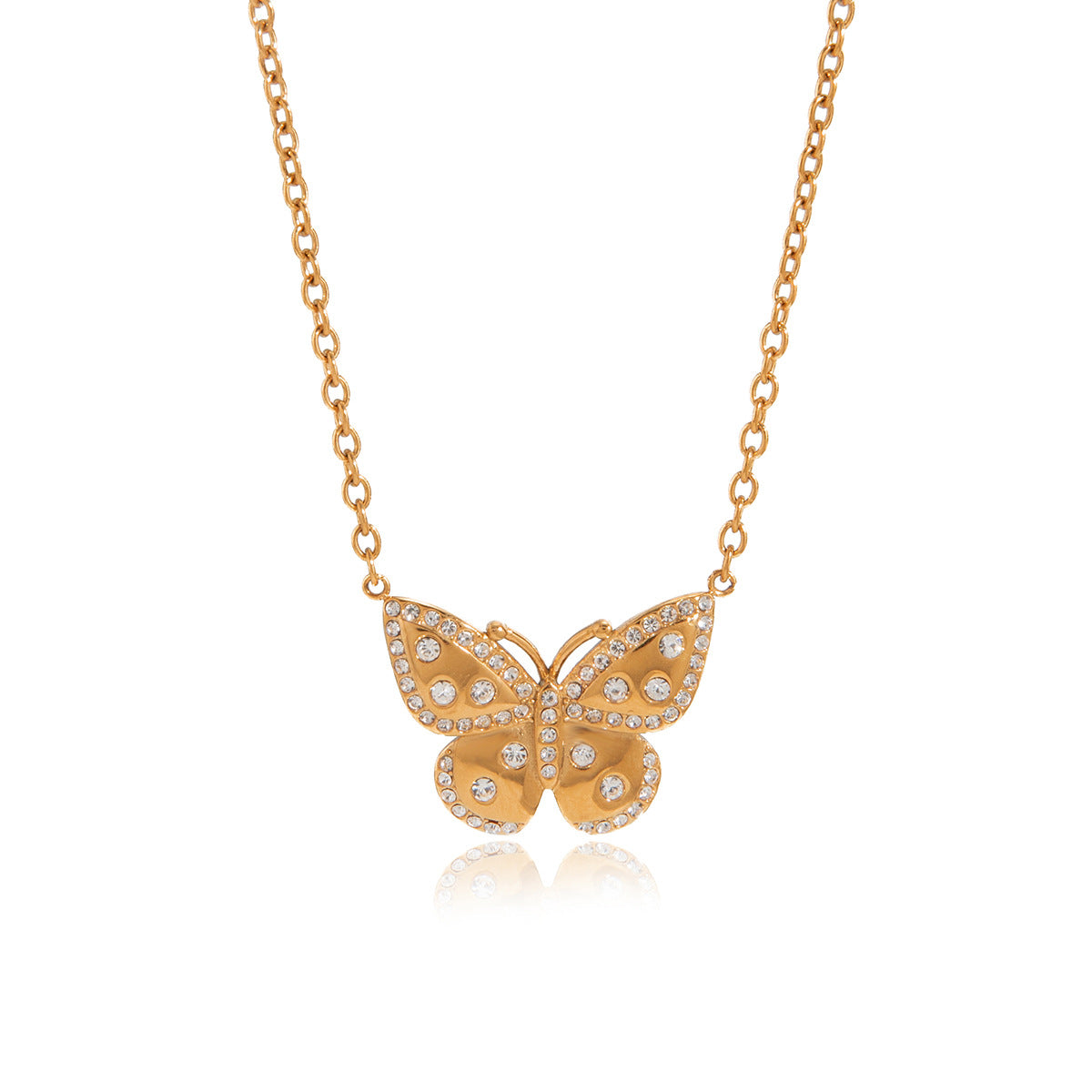 Minimalist Rhinestone Butterfly Titanium Steel Necklace PVD Gold Plated Pendant for Women
