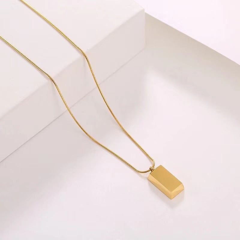 Minimalist 18K Gold Plated Titanium Steel Geometric Square Brick Pendant Necklace with Snake Chain for Women