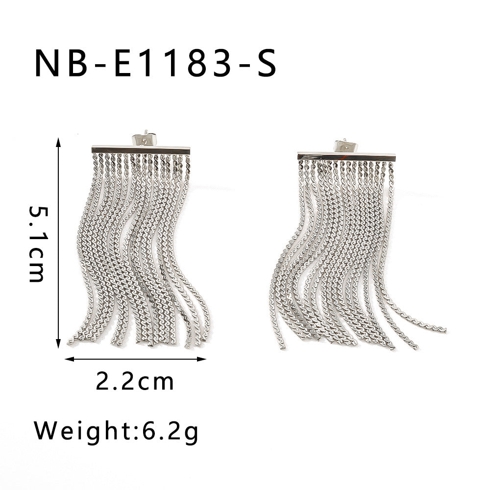 Luxury Stainless Steel Tassel and Chain Earrings for Women with 18K Vacuum Plating Finish