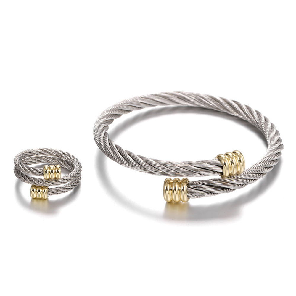 Geometric Round Titanium Steel Plated Micro-Inlaid Bracelet and Ring Set for Unisex