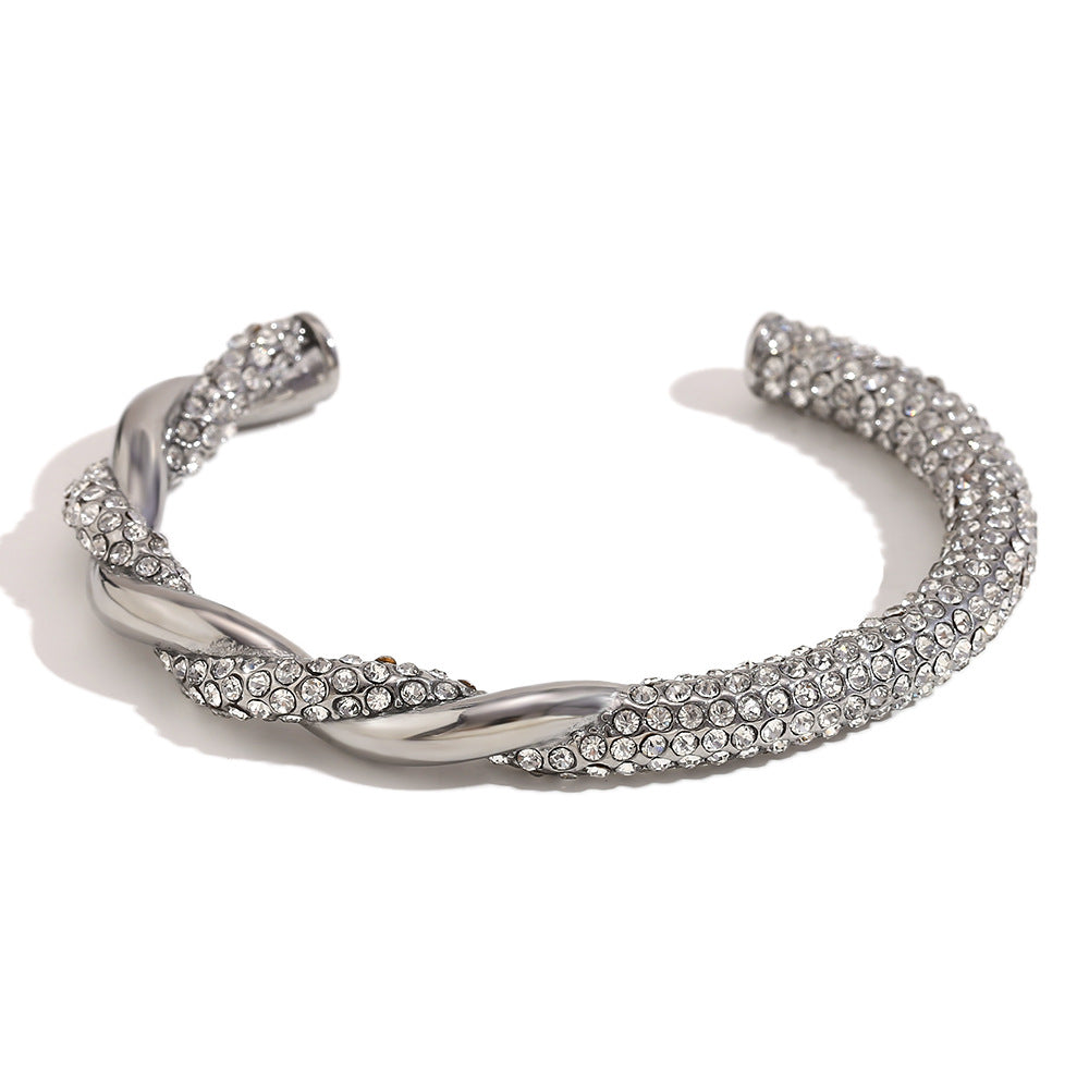 Fashionable Asymmetrical Braided Stainless Steel Bracelet with 18K Gold Plating and Rhinestone Accents