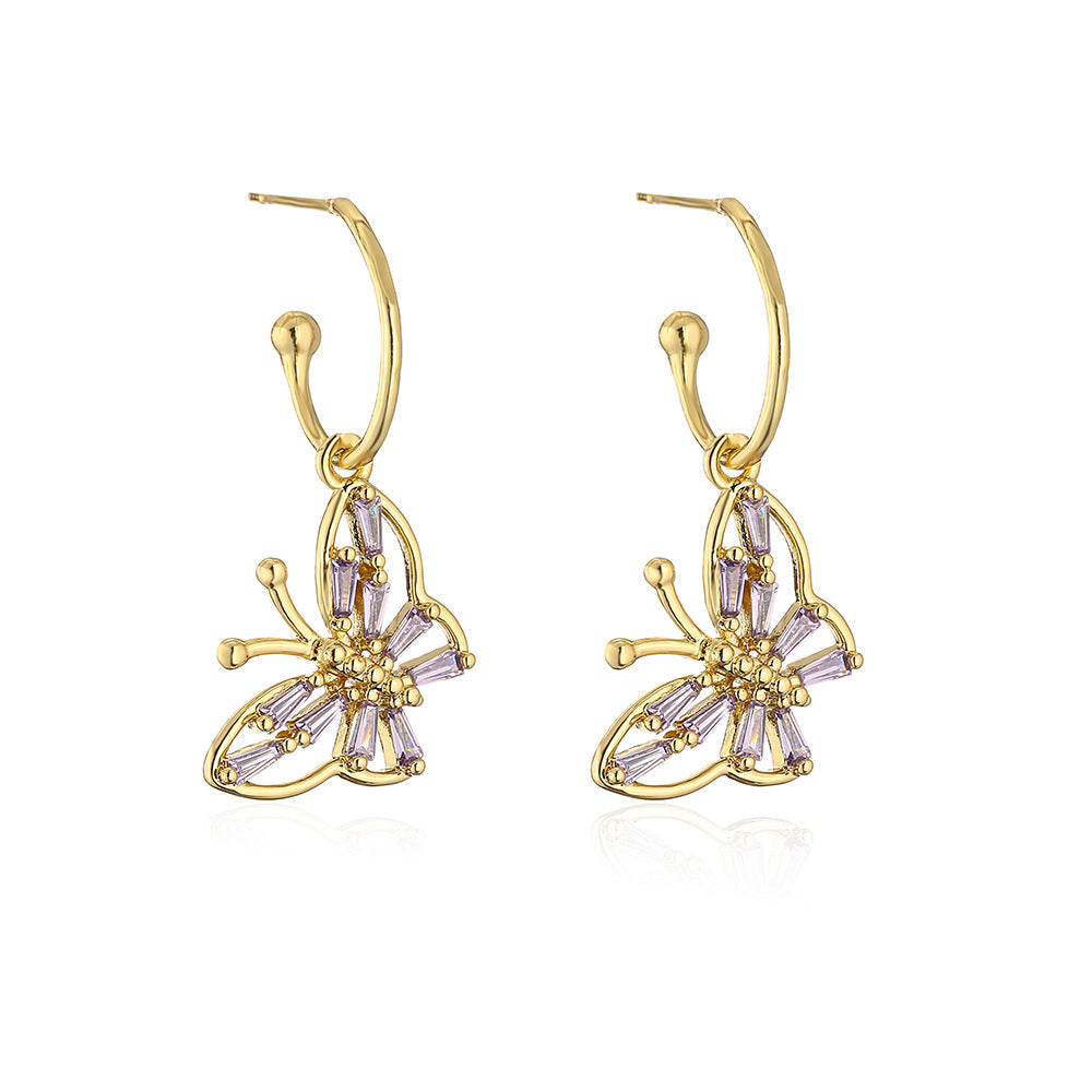 Eleganti Orecchini a Farfalla in Rame Stile Francese con Placcatura in Oro 18K e Intarsio di Zirconi da Donna