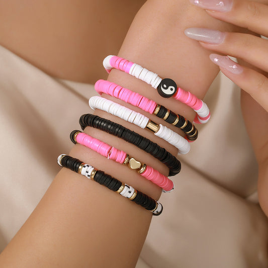 Pulsera de arcilla polimérica hecha a mano con diseño de corazón y yin yang estilo geométrico para amistad unisex y para usar en capas en pareja