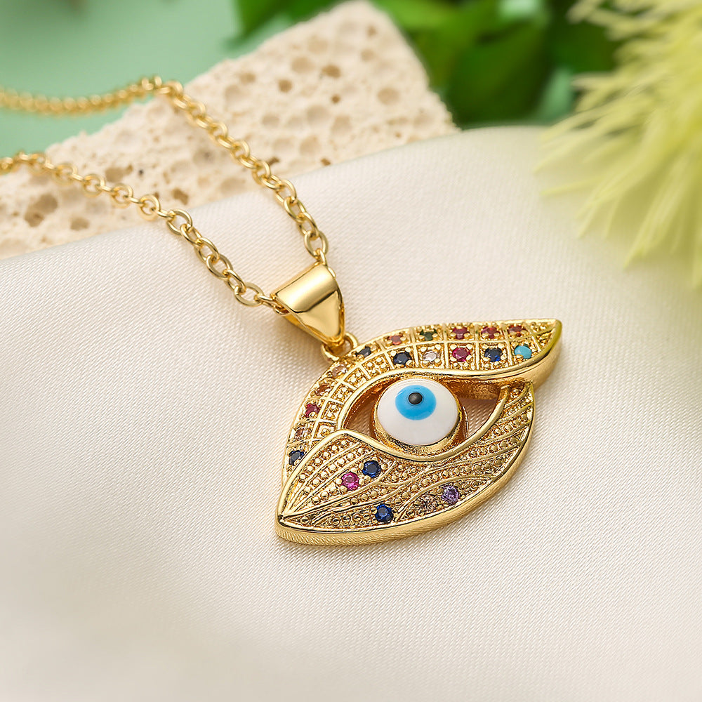 Bohemian Style Evil Eye Pendant Necklace for Women with Copper Base Plated in Real Gold and Enamel Finish Geometric Design