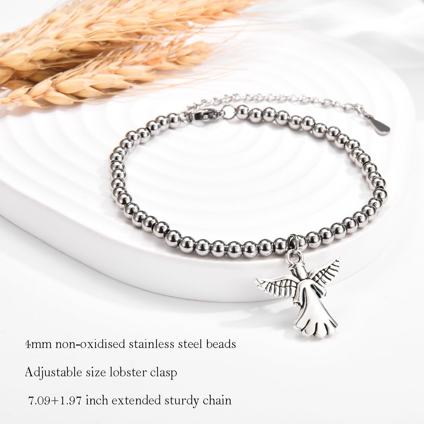Minimalist Stainless Steel Ball Chain Bracelet with Angel Wing Pendant Adjustable Beaded Bracelet for Women