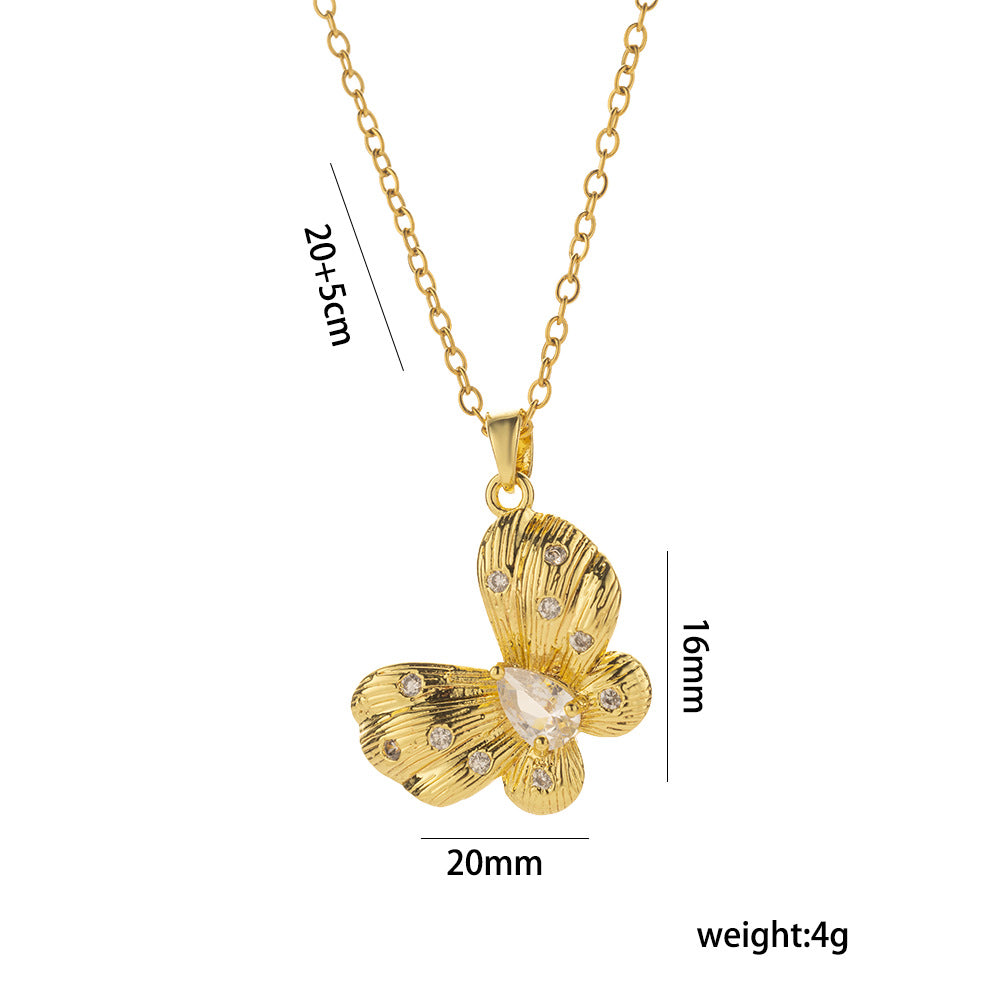Minimalist Butterfly Pendant Necklace for Women in Brushed Titanium Steel with Rhinestone Inlay and Plated Finish