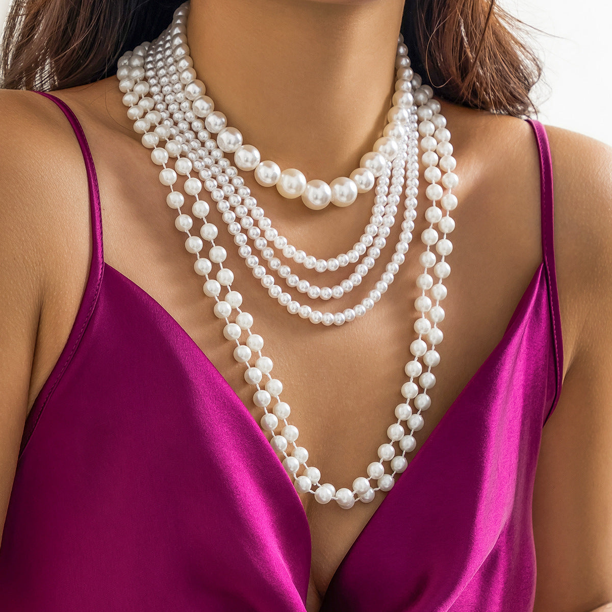 Collana da donna vintage elegante con perle finte a goccia geometriche, placcata, con catena a più strati