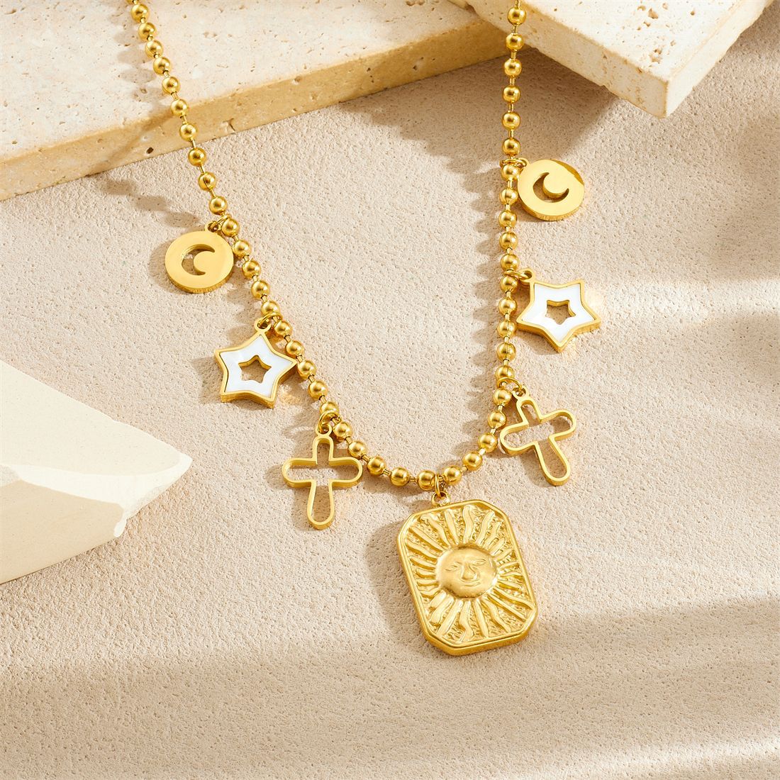 Vintage Luxury Gold Plated Geometric Star Moon Cross Stainless Steel Pendant Ball Chain Necklace for Women