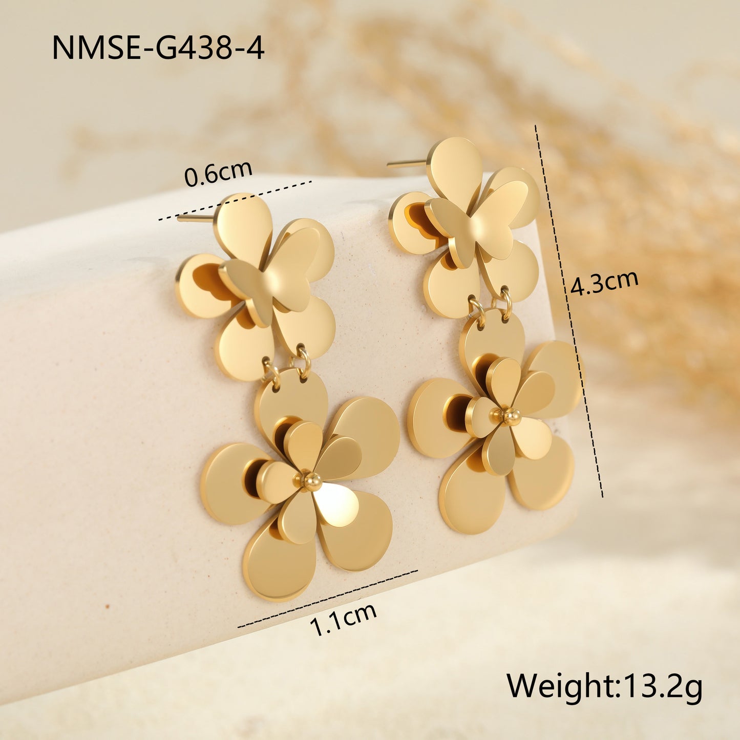 Pendientes de Mariposa Floral de Moda en Acero Inoxidable con Chapado de Oro de 18K para Mujer