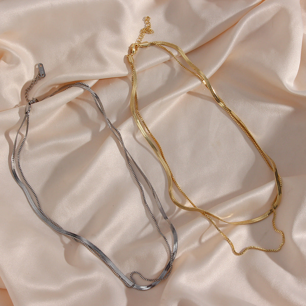 Minimalist Geometric Stainless Steel Plated 18K Gold Double-Layer Flat Snake Chain Necklace for Women