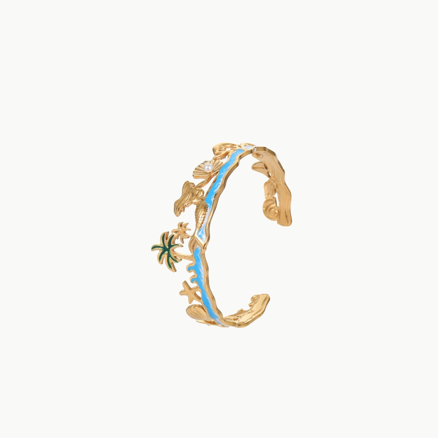 Fashionable Ocean-Themed Starfish Palm Tree Mermaid Stainless Steel Bracelet with Plated Finish for Women