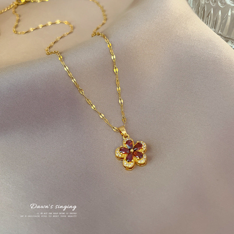Elegant Pomegranate Red Five-Petal Flower Pendant Necklace for Women Stainless Steel Delicate Clavicle Chain with Geometric Design and Natural Floral Motif