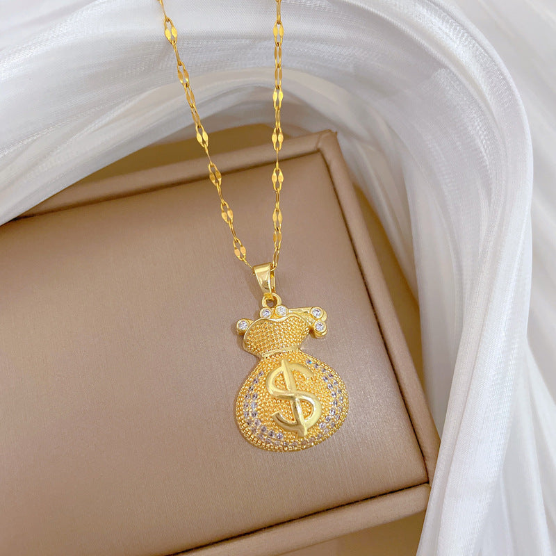 Sweet Geometric Rhinestone Money Bag Pendant Necklace Titanium Steel Cable Chain for Women and Men