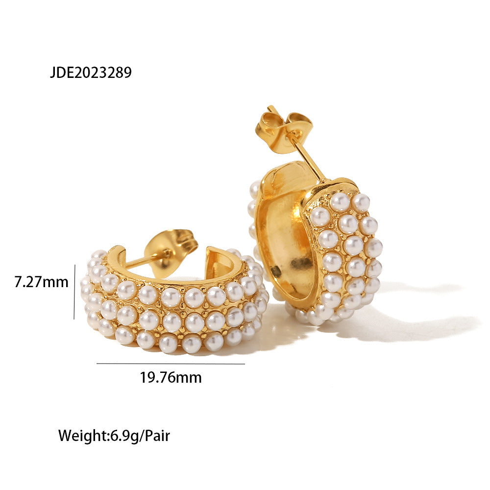 Sweet Geometric Stainless Steel C-Shape Hoop Earrings with Pearl Inlay for Women