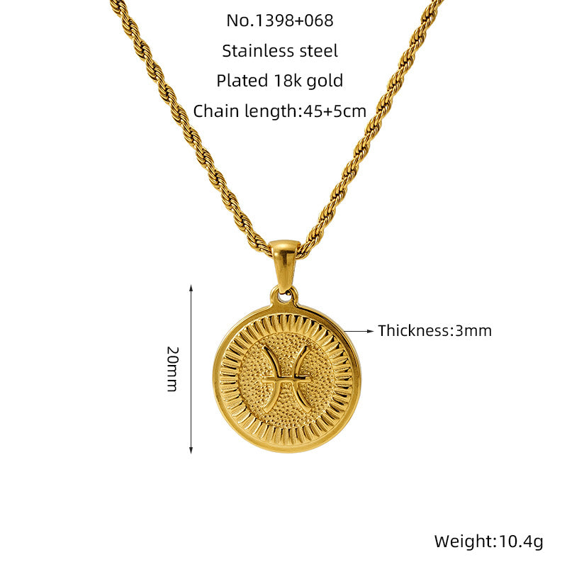 Vintage 18K Gold Plated Round Zodiac Pendant Titanium Steel Rope Chain Necklace Unisex