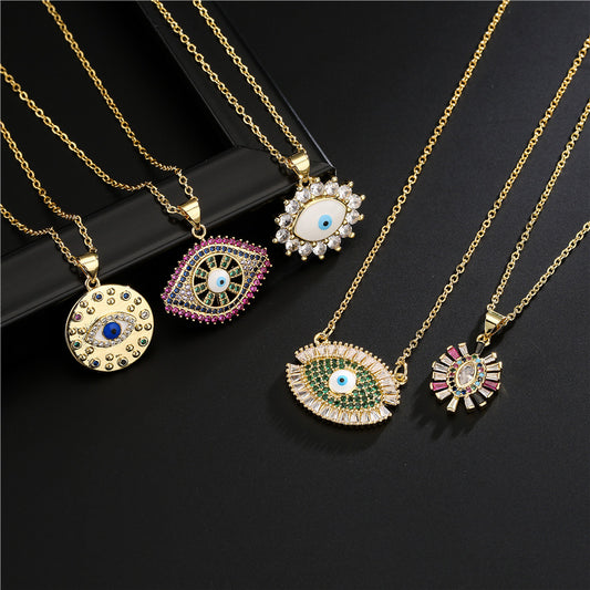 Vintage Minimalist Geometric Eye Pendant Necklace 18K Gold Plated Brass Micro-inlay Cubic Zirconia Cable Chain for Women