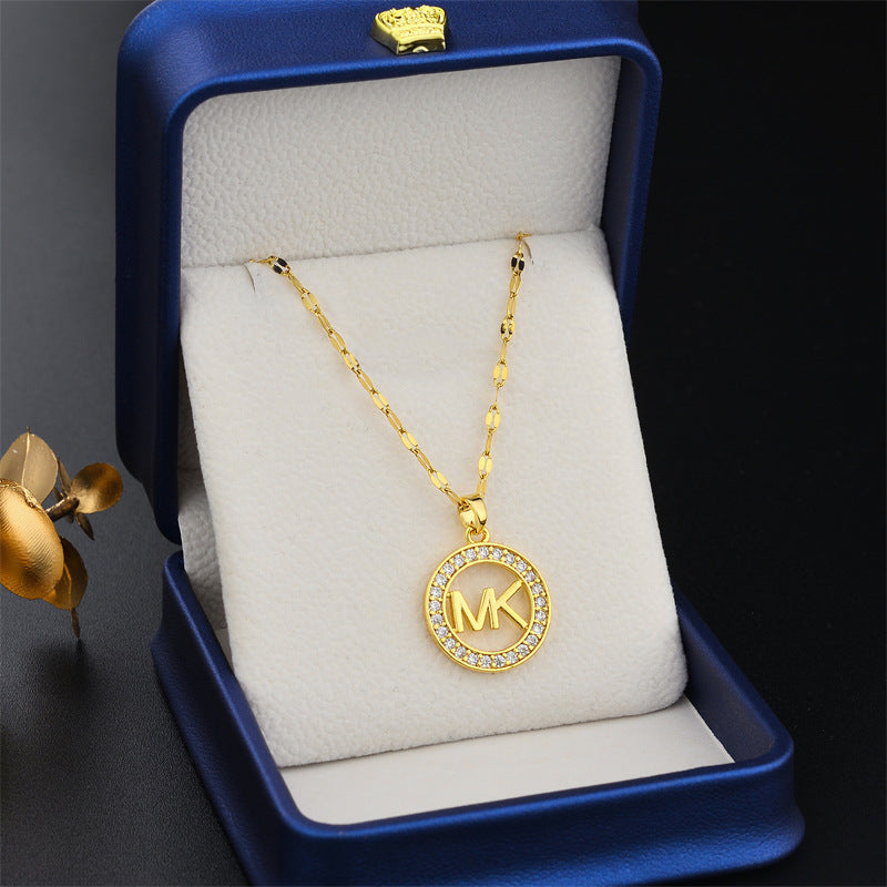 Minimalist Round Letter Pendant Necklace in Titanium Steel with Gold Plating for Women