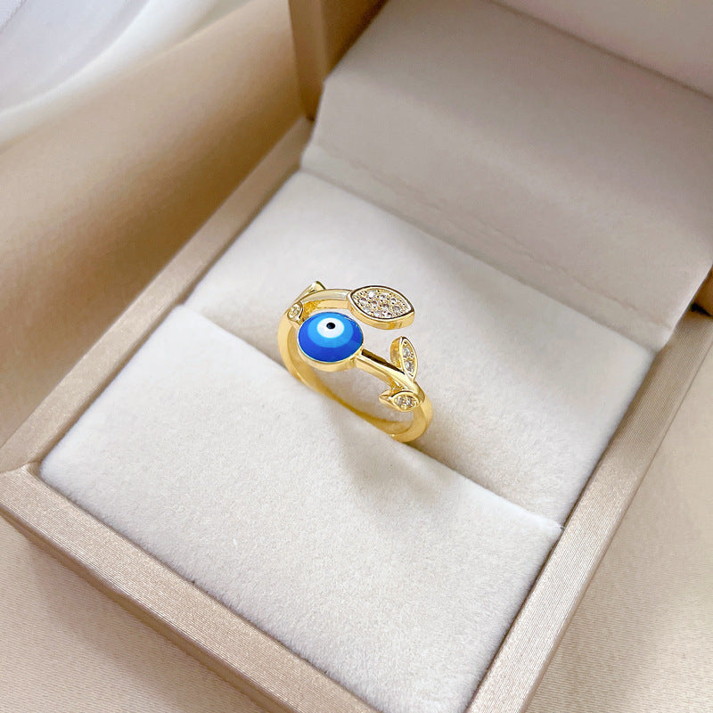 Minimalist Gold-Plated Brass Ring with Leaf and Eye Design Featuring Zircon Inlay for Women