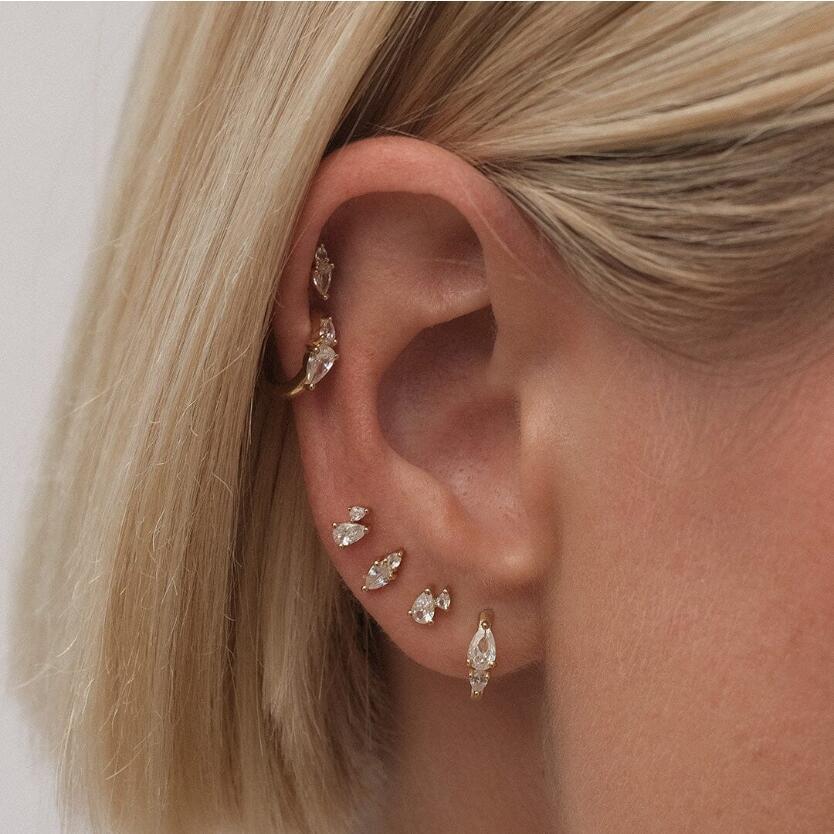 Gold Plated Brass Teardrop Geometric Hoop Earrings with Cubic Zirconia Inlay and 925 Sterling Silver Posts for Women