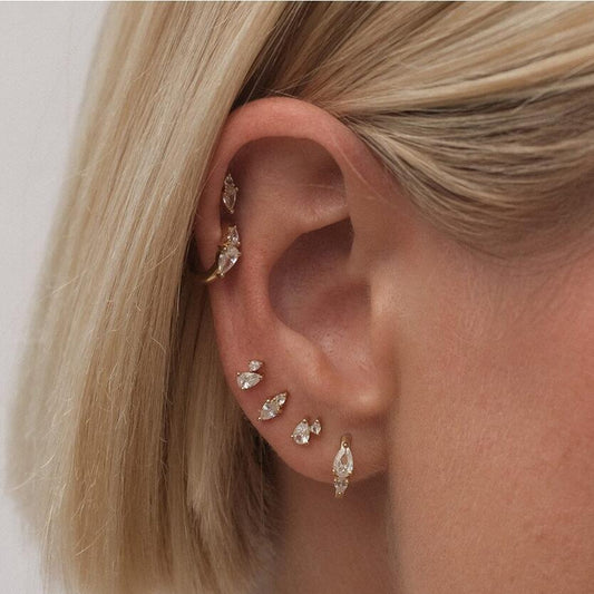 Gold Plated Brass Teardrop Geometric Hoop Earrings with Cubic Zirconia Inlay and 925 Sterling Silver Posts for Women