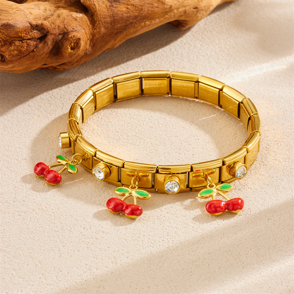 Sweet Cartoon Drip Oil Cherry Rhinestone Plated Stainless Steel Geometric Round Square Bracelet