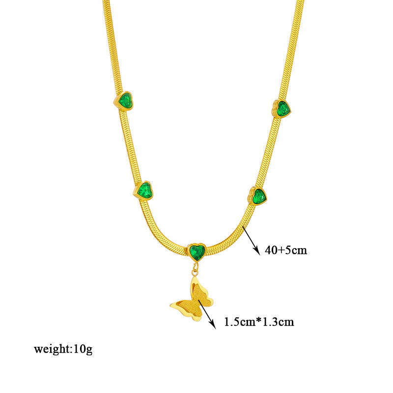 Collar con colgante de mariposa de moda vintage con incrustaciones de diamantes de imitación en cadena de serpiente de acero de titanio mate para mujer