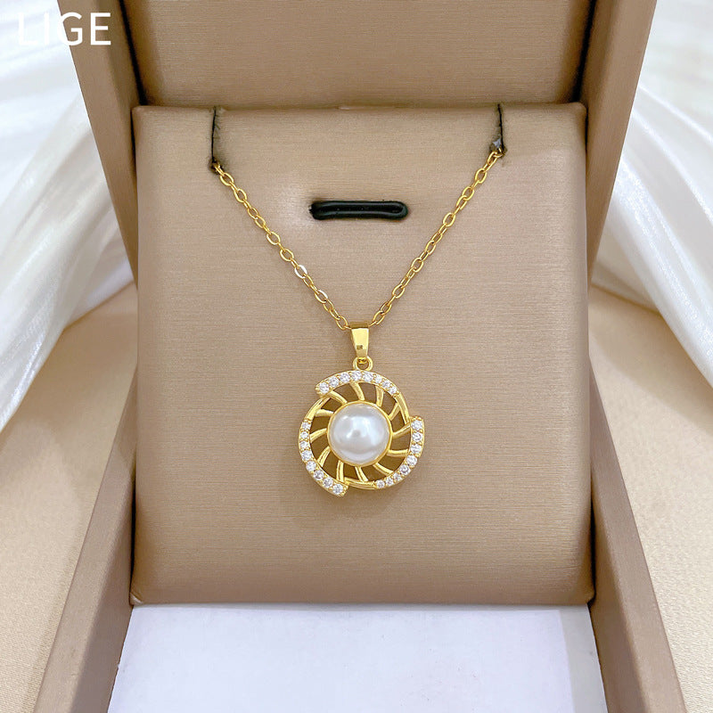 Conjunto de collar y pendientes de perlas giratorias de acero de titanio de lujo con incrustaciones completas de diamantes de imitación para mujer, diseño geométrico, joyería elegante para fiesta