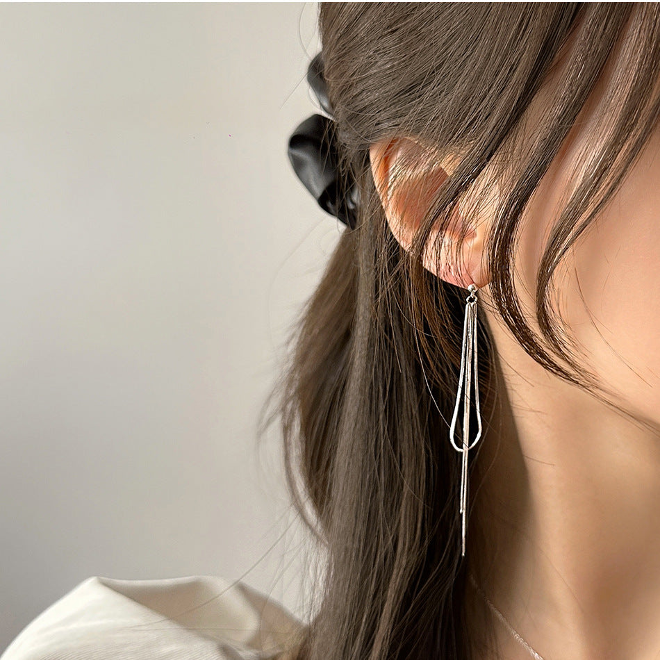 Minimalist Korean-Inspired Silver Snake Chain Earrings for Women with Geometric Beaded Accent and Polished 925 Sterling Silver Posts