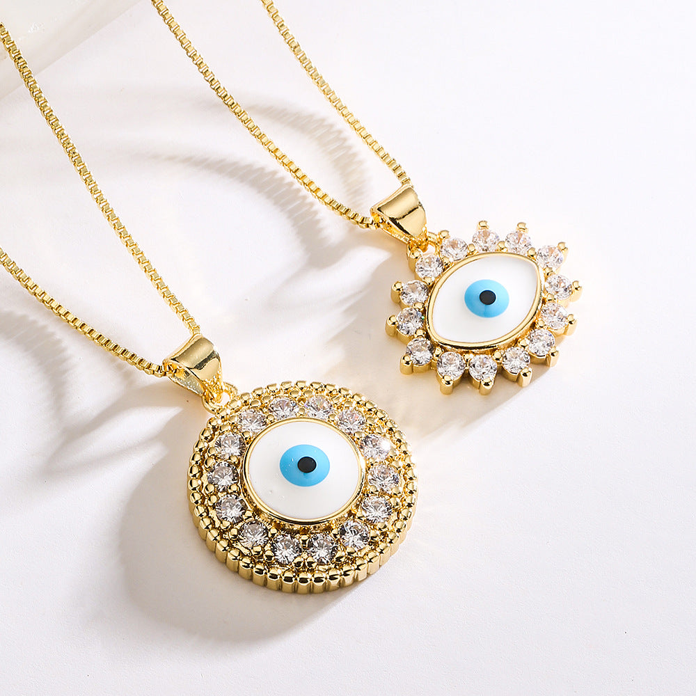 Minimalist Geometric Evil Eye Pendant Necklace in Brass with Enamel Finish and Zircon Inlay