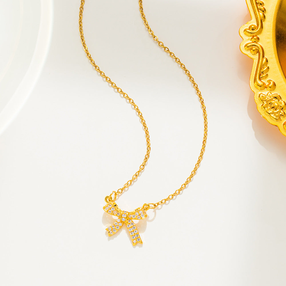 Elegante Collana Pendente con Fiocco da Donna in Acciaio al Titanio con Intarsio di Strass, Collana Minimalista a Catena Clavicola Stile O-Chain