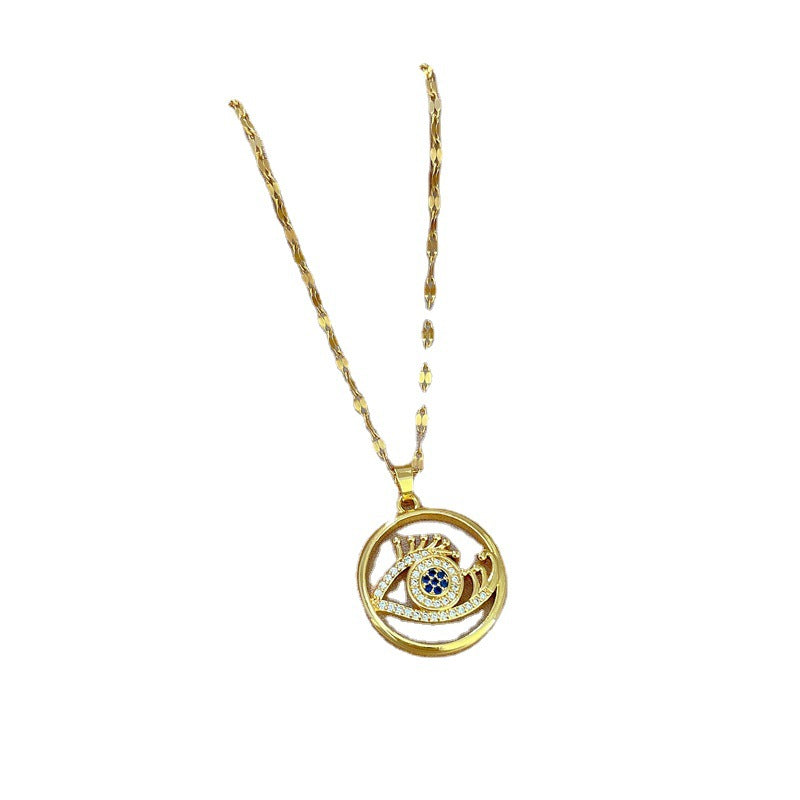 Elegant Eyelash Eye Geometric Pendant Necklace for Women in Titanium Steel with Micro-Pavé Gold Accents and Delicate Clavicle Chain