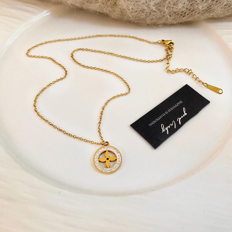 Gold Plated Titanium Steel Micro-Pave Diamond Hollow Round Geometric Necklace and Earring Set