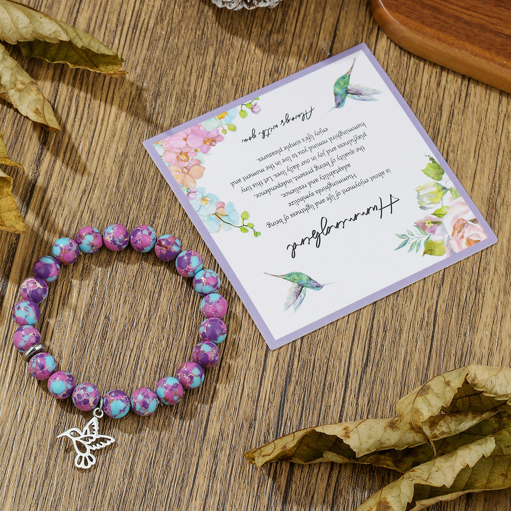 Handmade Round Animal Stone Bracelet for Women with Hummingbird and Flamingo Pendant
