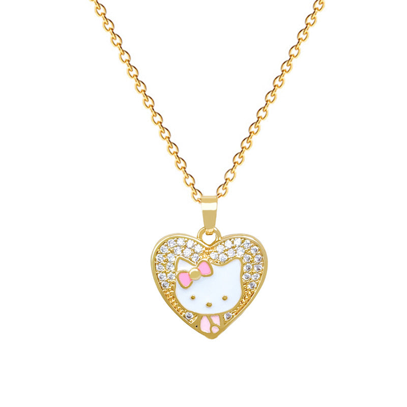 Sweet Heart Cat Drip Oil Rhinestone Pendant Necklace Titanium Steel Cable Chain